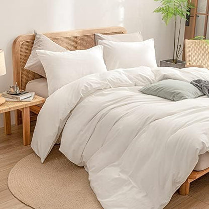 BESTOUCH Cotton Solid Duvet Cover Set Linen Feel Off White Super Queen
