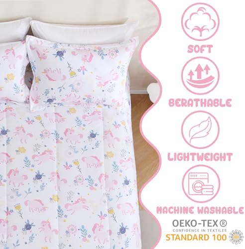 Yibeizi Unicorn Bed Comforter Set Twin Pink Girls Floral Bedding