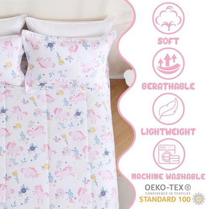 Yibeizi Unicorn Bed Comforter Set Full Pink Girls Floral Bedding