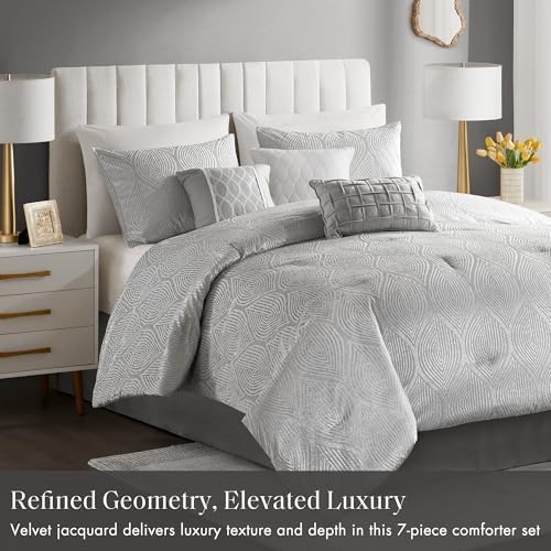 Madison Park Velvet Jacquard Grey King Comforter Set, 7pc