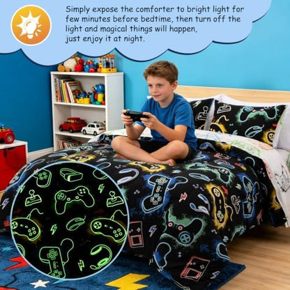 A Nice Night 5pc Gaming Full Comforter Set Glow in The Dark Kids Bedding