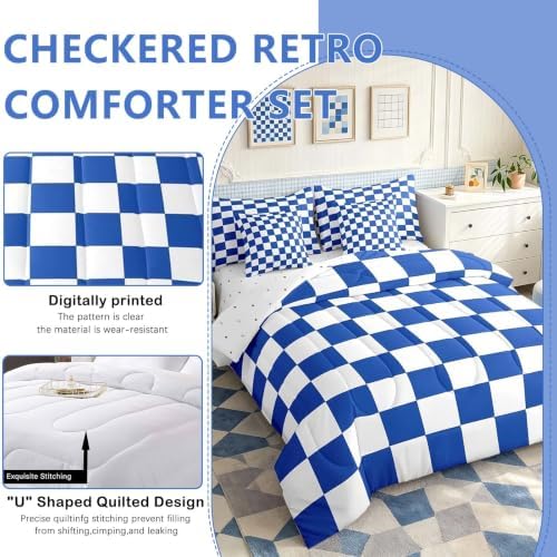 Feelyou Checkered Retro 7 Piece Bedding Set Teen Women Men Blue White Plaid Comforter Set with Sheets King Size Kids Boys Geometric Vintage Bed in a Bag Modern Simple Groovy Aesthetic Room Decor