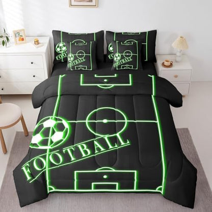 Soccer Bedding King Size 7-Piece for Kids Teens Black Green Comforter Set, Sports Gaming Bedding Comforter Sets Green Football Field Bed in a Bag, Ball Game Bedding Accessories Cozy (Black Reversible)