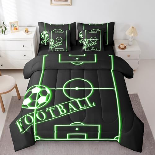 Erosebridal Soccer Bedding Comforter Sets 7pcs for Kids Teens Black Green Bed in a Bag, Sports Gaming Full Bedding Sets Green Football Field Comforter Set, Ball Game Bedding Sets & Collections Cozy
