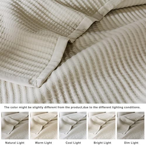 WDCOZY Beige Twin Size Quilt Set, Striped Pick Stitch Bedspread