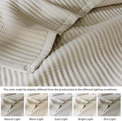 WDCOZY Beige Twin Size Quilt Set, Striped Pick Stitch Bedspread