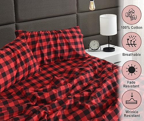 RUVANTI 100% Cotton Flannel Sheets Queen Size, Red & Black Plaid