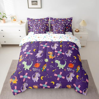 Feelyou Kids Cute Dinosaur 7 Piece Bedding Set Twin Size Solar System Comforter Set with Sheets for Boys Girls Moon Star Print Bed in a Bag Purple Bed Set