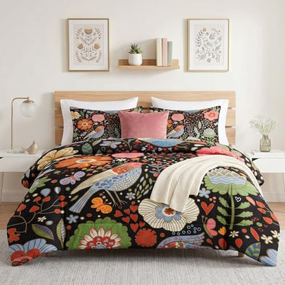 Pamnest Comforter Set Queen Size, Retro Floral Bird Soft 3 Pcs Bedding for Kids and Adults, Vintage Chinese Flower Comforter Set with 2 Pillowcases, for Bedroom Bed Decor