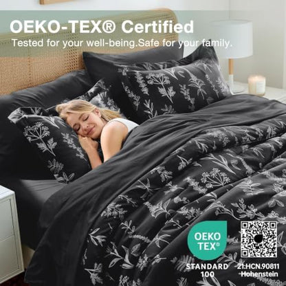MUXHOMO Black California King Comforter Set, Elegant Floral Print Bed in a Bag 7 Pieces, Ultra Soft & Breathable Reversible Botanical Pattern Bedding Set with Comforter, Sheets, Pillowcases, and Shams