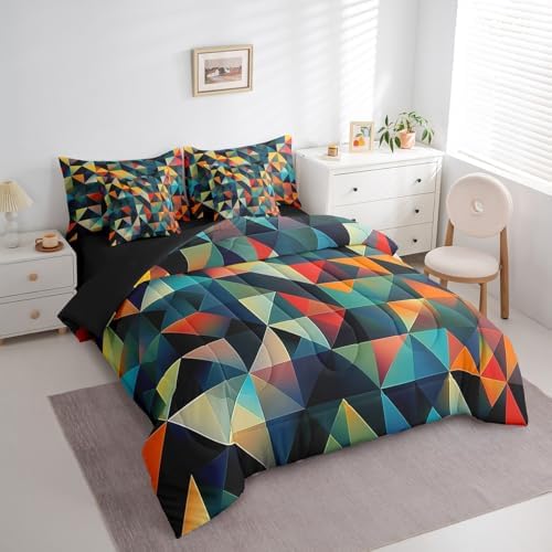 Erosebridal Colorful Triangle Bed in A Bag with Sheets Full Geometric Grid Plaid 7 Piece Comforter Set Modern Aesthetic Bedding Set for Kids Boys Girls,Abstract Bedding Comforter Sets