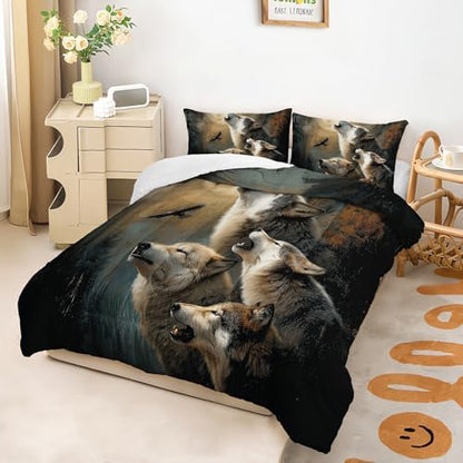 Wolf Comforter Set Queen for Kids Boys Girls,Howling Wolves Comforter Set,Eagle and Wolf Night Moon Forest Bedding Set, Wild Animals Quilt Set for Bedroom Decor,All Seasons