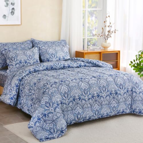 lasoftan Floral Queen Comforter Set with Sheets, 7 piece Luxury Vintage Bedding, Soft Microfiber Bed in a Bag, Cozy Lightweight Bed Set, Blue Paisley