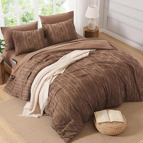 King Size Comforter Set Brown Tufted Boho Bedding Sets Farmhouse 7 Pieces