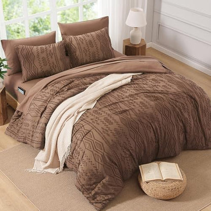 King Size Comforter Set Brown Tufted Boho Bedding Sets Farmhouse 7 Pieces