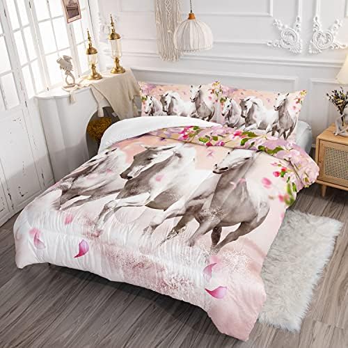 HOSIMA Girls Farm Wild Animal Horse Comforter Queen with 2 Pillowcases.