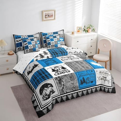 Erosebridal 7 Piece Rv Camper Queen Bed in a Bag,Kids Happy Camping Comforter Set Blue Buffalo Plaid Decor,Rustic Cabin Patchwork Bedding Set with Sheets,Travel Trailer Bed Set with Pillowcases
