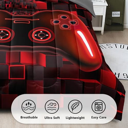 5 Pieces Kids Twin Size Gaming Comforter Set, Red 3D Game Controller Bed in a Bag with Sheets, All Season Gamer Bedding Room Decor for Boys Girls Teens Twin54