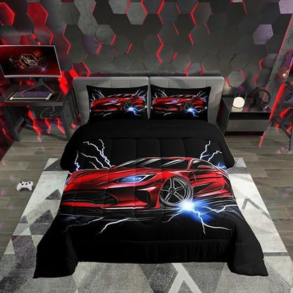 Erosebridal Race Car Toddler Comforter Set for Boys Teens Red Sports Car Bedding Set Cool Speed Car Down Comforter Extreme Sports Theme Quilt White Lightning Decor Duvet Insert with 1 Pillowcase