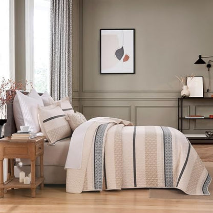 Homzard King Size Comforter Set, Cotton Quilt, Beige and Grey Bedding Set,Lightweight Striped Bedspread, Reversible Coverlet King Size (106"X98") with 2 Pillow Shams All Season