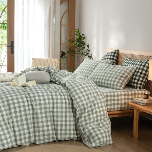 BESTOUCH Gingham Cotton Duvet Cover Set Sage Green Twin