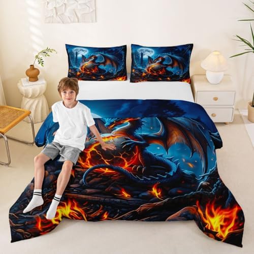 Feelyou Blue Black Dragon Bedding Set Soft for Boys Girls, Wild Animal Comforter Set King Size Mysterious Dragon Egg Duvet Quilt Microfiber Gothic Magic Bedroom Decor 3 Pcs with 2 Pillow Cases