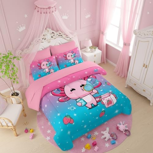 QOOMO Axolotl 7 Pieces Comforter Set Full,Salamander Bedding Set for Kids