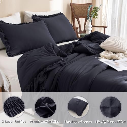 Masaca Shabby Comforter Set Queen,Farmhouse Rustic Boho Bedding Ruffled Comforter Set,Vintage Dark Grey Ruffle Comforter for Queen Bed Fluffy Aesthetic French Country Bedding 3 Pieces
