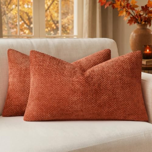 MIULEE Fall Decorative Lumbar Throw Pillow Covers 12x20 Burnt Orange 2 Pack