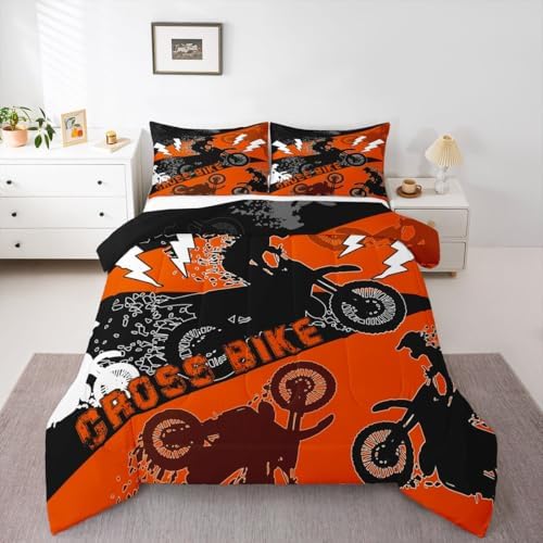 Erosebridal Kids Dirt Bike Twin Comforter Set for Boys Dirtbike Bedding Set Motocross Bedroom Decor for Boys Men Adult,Rider Motorcycle Bed Set Cool Extreme Sports Bedding Sets 2Pcs,Orange Black