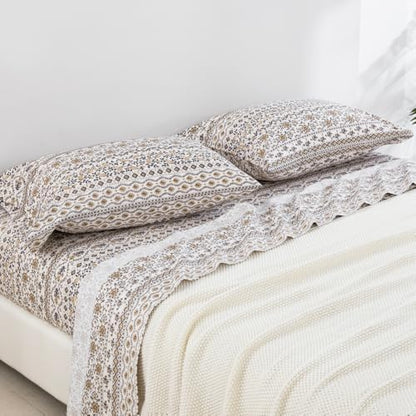 DAUAOTO Queen Size Printed Sheets Set, 100% Cotton Bedding Sets, Up to 14" Deep Mattress, Vintage Cottagecore Pattern Bedlinen Set, Floral Brown Taupe