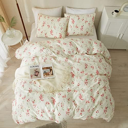mixinni Boho Red Floral Girl Duvet Cover Set, Soft Cotton King Size 3-Piece Aesthetic Floral Bedding Set, 1 Chic Flower Leaf Pattern Duvet Cover and 2 Pillowcases for All Seasons-King Size