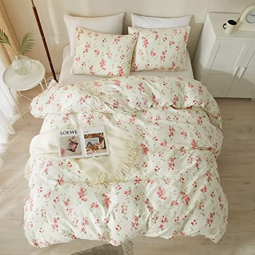 mixinni Boho Red Floral Girl Duvet Cover Set, Soft Cotton Twin Size 3-Piece Aesthetic Floral Bedding Set, 1 Chic Flower Leaf Pattern Duvet Cover and 2 Pillowcases for All Seasons-Twin Size