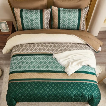 Striped Comforter Set King Size,Green and Brown Boho Bed in a Bag