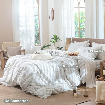 MooMee Striped Duvet Cover Set 100% Washed Cotton Linen Like Twin