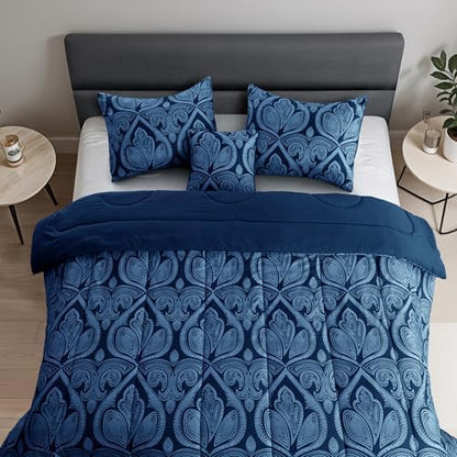LUX Décor Reversible 5pc Queen Comforter Set, Printed Bedding Set, Microfiber Bed in a Bag, Includes 1 Comforter, 2 Pillow Shams, 1 Decorative Pillow & 1 Bed Skirt (Paisley Navy,Queen)