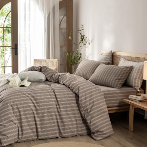 BESTOUCH Striped Cotton Duvet Cover Set Linen Feel King