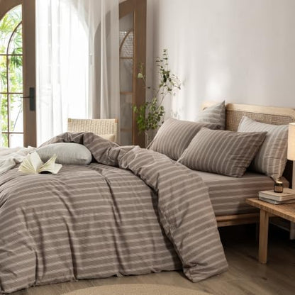 BESTOUCH Striped Cotton Duvet Cover Set Linen Feel Oversized Full