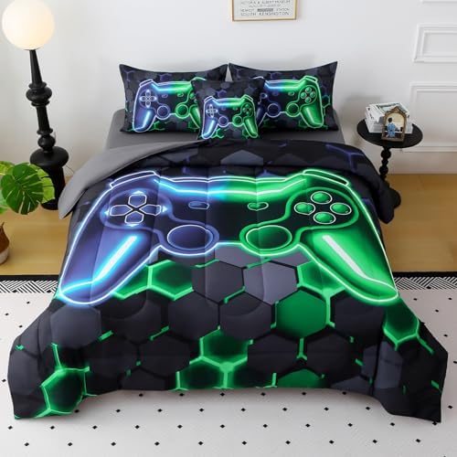 JQinHome Full Gaming Bedding Set 6-Piece Comforter for Kids Teens - 3D Video Game Console Print Bed in a Bag with Ultra-Soft Fluffy Sheets, Blue-Green Unisex Design (Full)