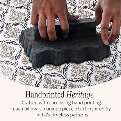 CPC Block Print Sandstone Regal Ruffle Cotton Lumbar Pillow Cover 14x36 inch