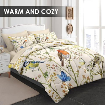 Pamnest Queen Comforter Set with Sheets, 7 Pieces Vintage Birds Bedding