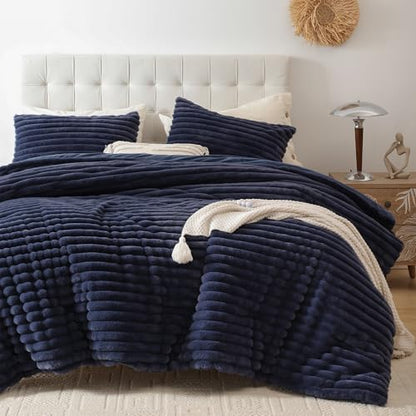 Smoofy Fluffy King Size Comforter 3 PCS - Navy Blue Fleece Bedding Set
