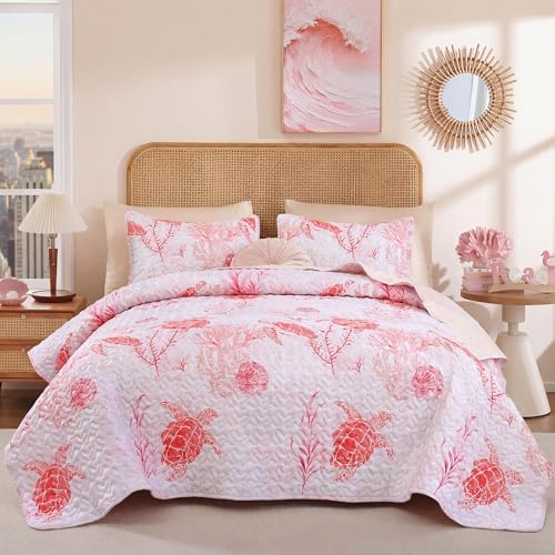 weigelia Coastal Quilt Bedding Set King Size - Lightweight Summer Bedspread in Pink Sea Turtle Coastal Decor, Soft Nautical Comforter for All Season for Coquette Room Decor Bedroom