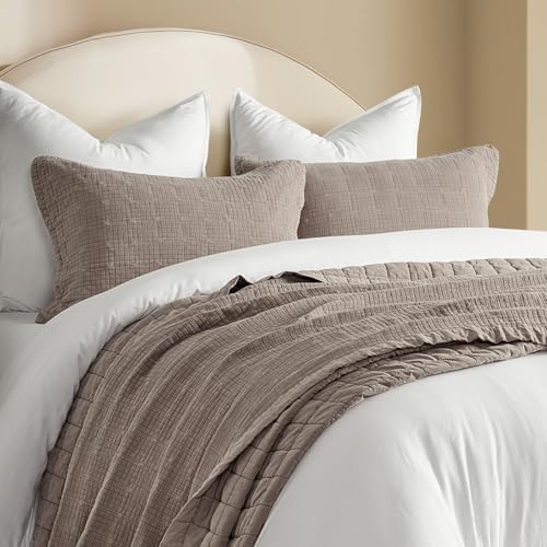 EVERGRACEHOME Stonewashed Cotton Quilt Set, Queen Size, Truffle Taupe Brown