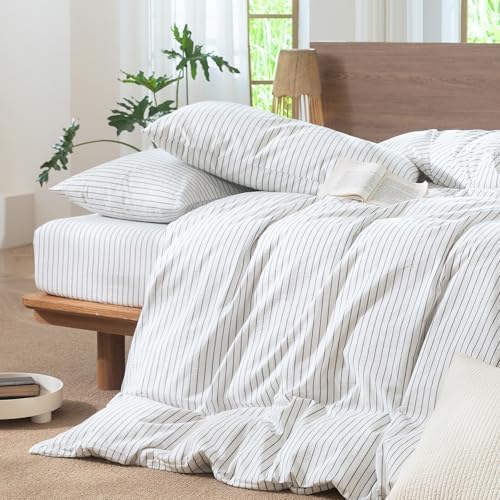 MooMee Striped Duvet Cover Set 100% Washed Cotton Linen Like Twin