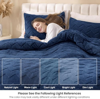 Love's cabin Fleece King Comforter Set, Fluffy Reversible Bedding, Navy