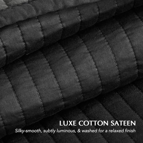 EVERGRACEHOME Cotton Sateen Quilt Set, Queen Size, Washed Black