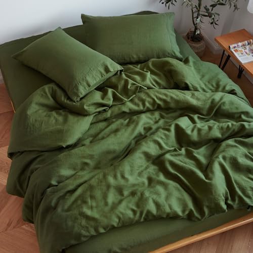 Sijo Stone Washed Organic French Linen Bed Sheet Set, GOTS Certified Organic, Best Cooling Linen Sheet Award by Sleep Foundation, 4 Piece - 2 Pillowcases, 1 Fitted and 1 Flat (Forest, Queen)