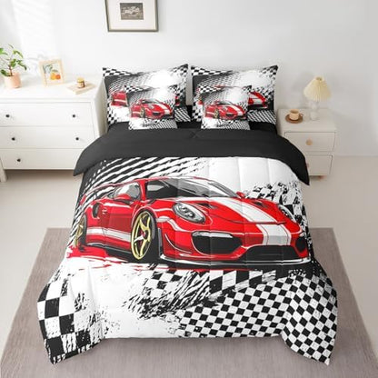 jejeloiu Red Race Car Comforter Set with Sheets 7 Piece Twin Size