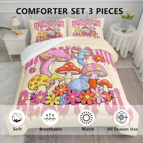 Axolotl Cartoon Mushroom Comforter Set King,Colorful Mushrooms Girls Bedding Set,3 Piece Cute Mushroom Bedding,Red Pink Floral Flower Comforter for Kids Boys Girls Teens,1 Quilt 2 Pillowcases